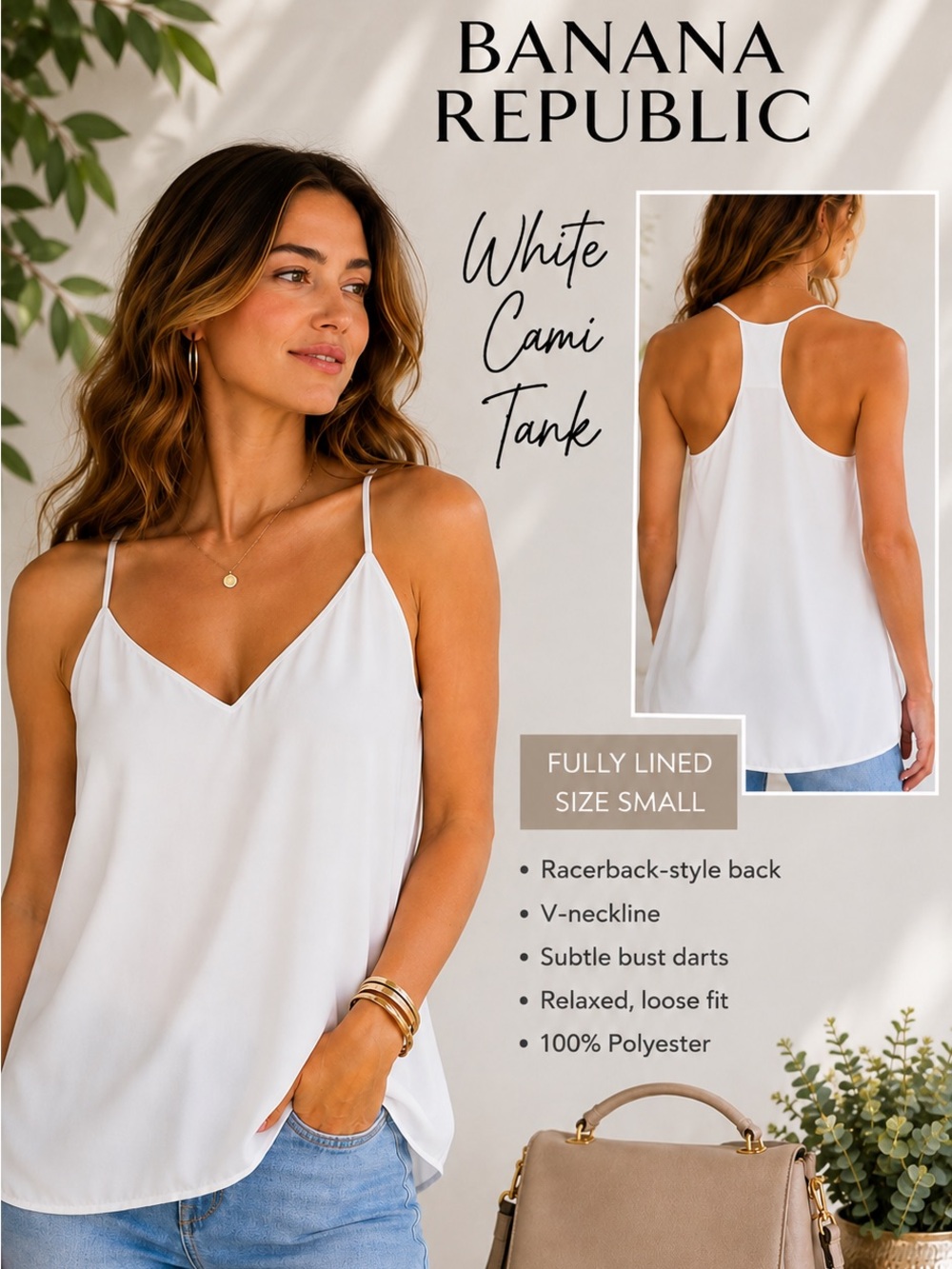 Banana Republic White Cami Tank • Racerback • Fully Lined • Size S